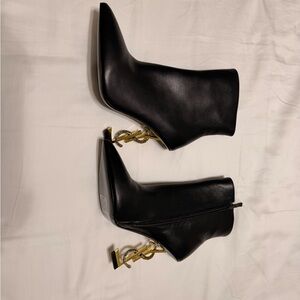 Black Leather Ankle Boots with Gold Heel